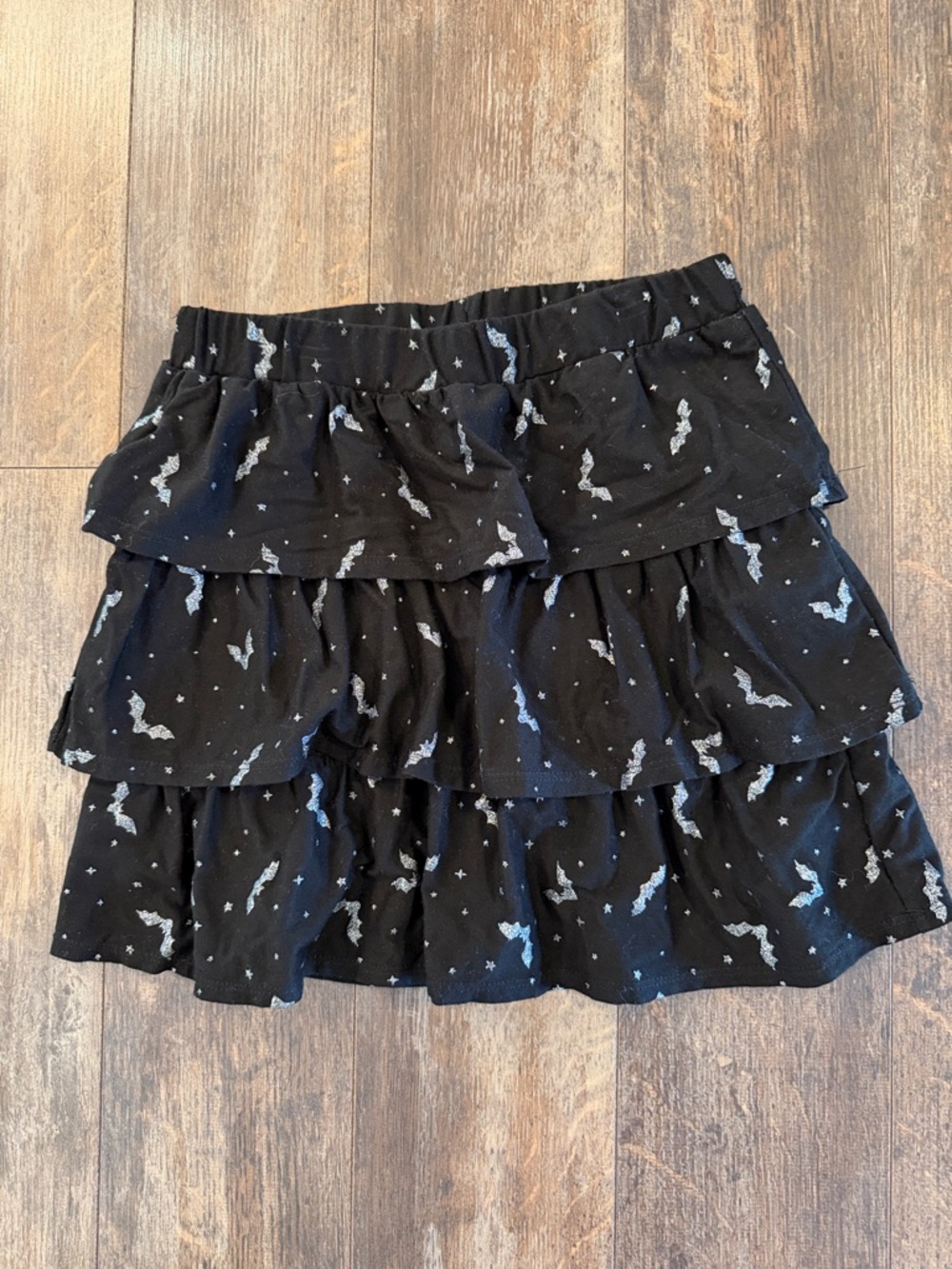 wonder nation Black Tiered Ruffle Skirt with Silver Bat Print